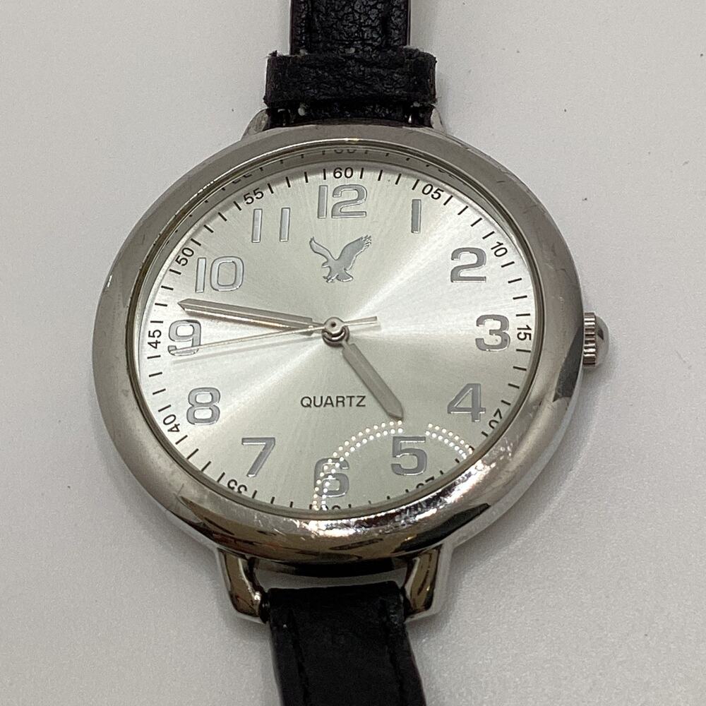 American Eagle Womens Silver Tone Black Leather Wrist Wrap Watch New Battery